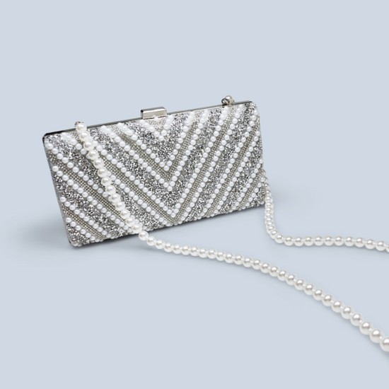 Thin silver bag womens rhinestone pearl dinner clutch - Memoo.com Thin silver bag womens rhinestone pearl dinner clutch - Memoo.com